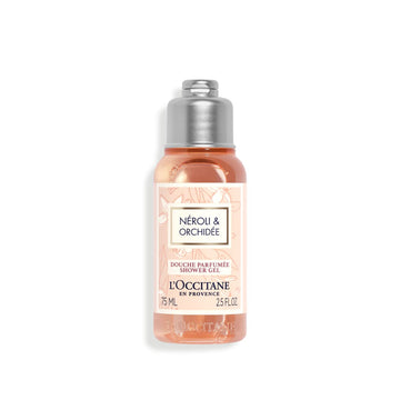 L'OCCITANE front bottle showing neroli and orchid fragrance, easy travel size benefit