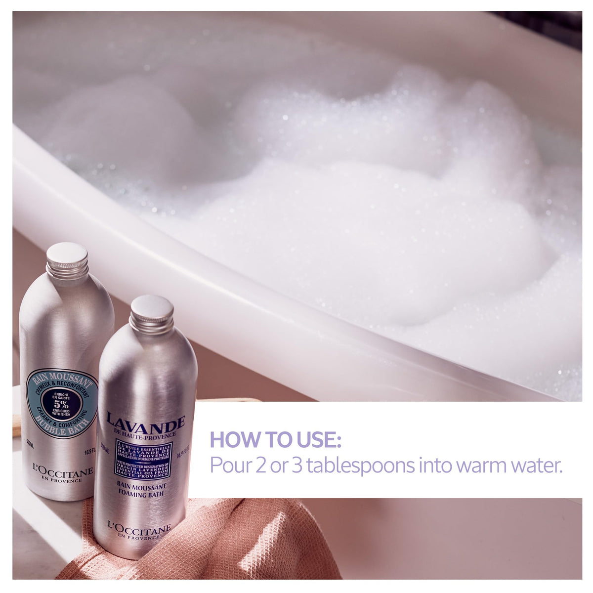 L'Occitane bottle pouring under tap creating abundant relaxing foam