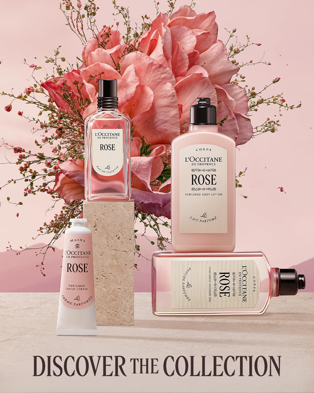 L'Occitane tube on vanity with roses suggesting daily ritual and luxurious scent benefit