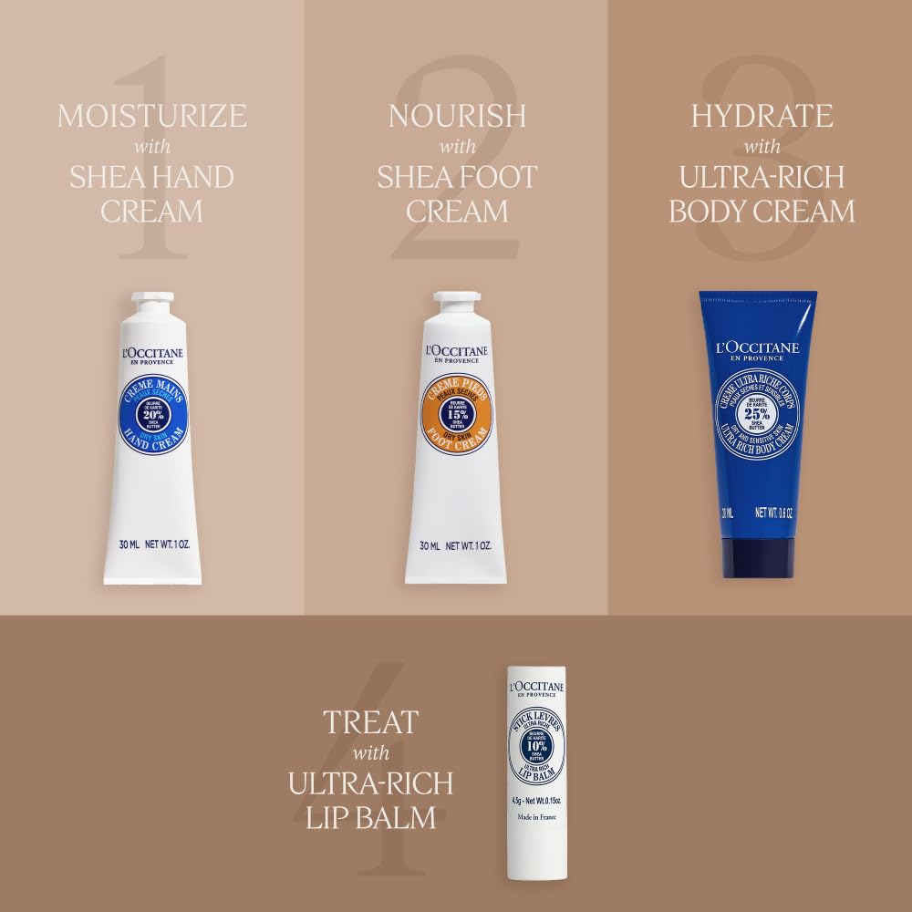 L'OCCITANE shea gift set staged in bathroom indicating daily routine convenience