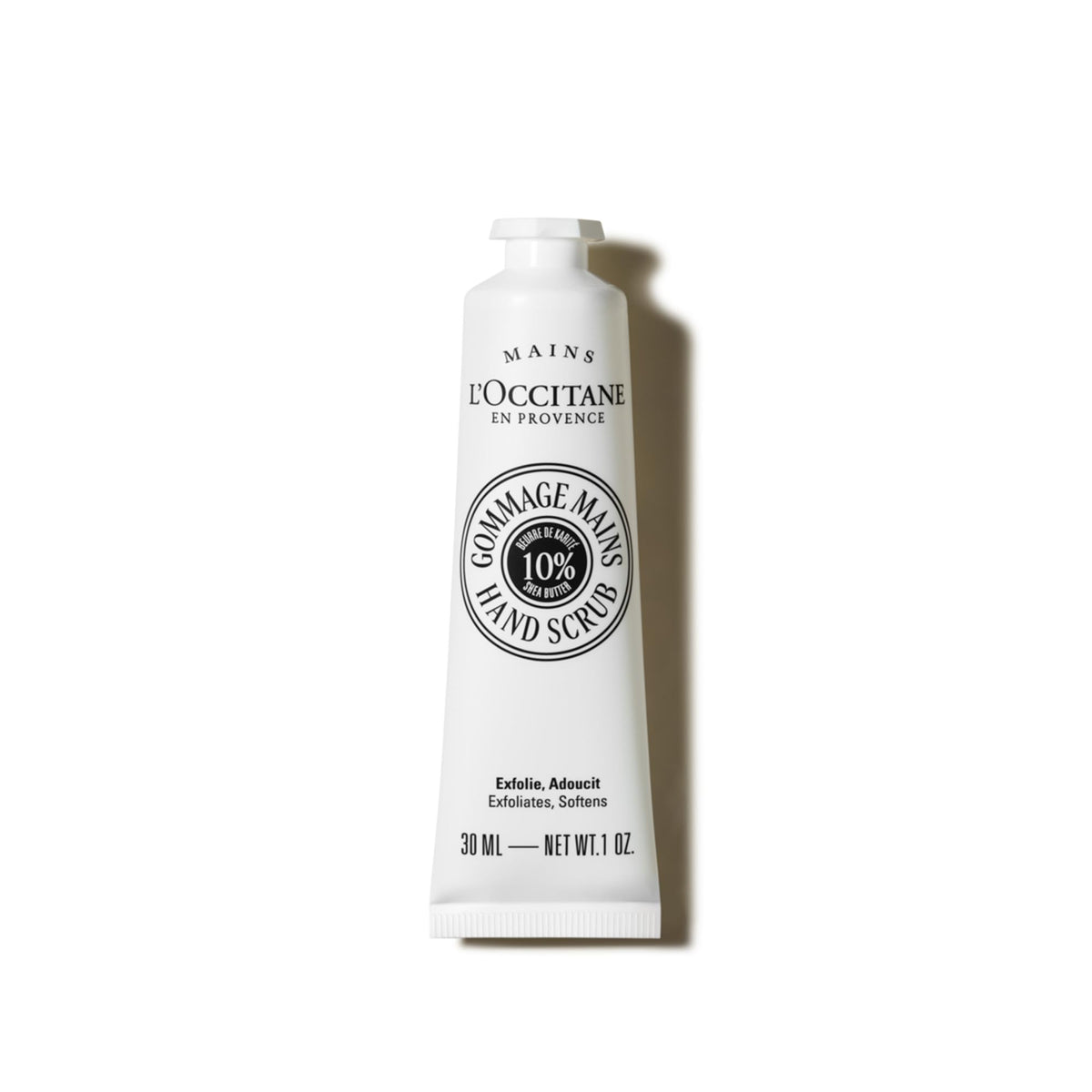 L'Occitane front tube view showing packaging and compact size benefit