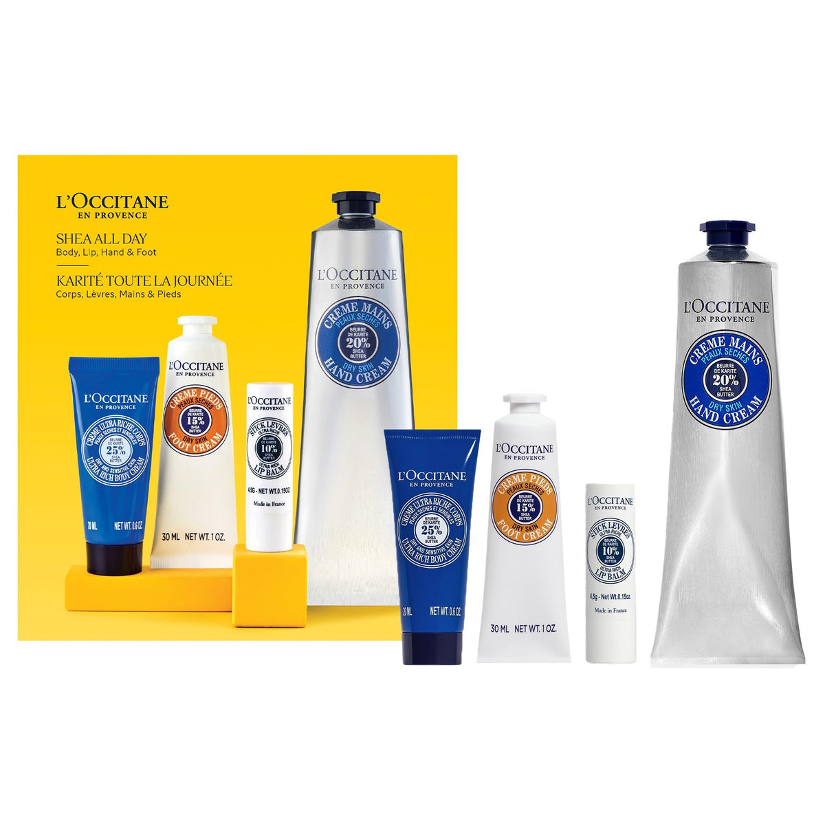 L'OCCITANE shea set front packaging showing complete collection and gift appeal