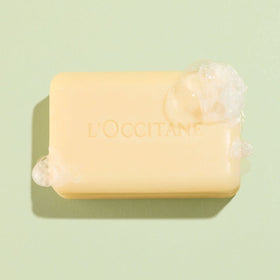 L'OCCITANE shea verbena bar close-up of creamy texture, highlighting moisturizing shea extract