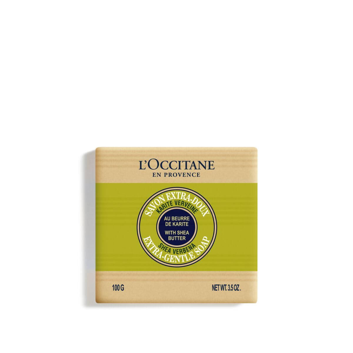 L'OCCITANE shea verbena bar front packaging showing product name and size, clear identification and benefit