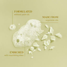 L'OCCITANE shea verbena lather in hand, demonstrating gentle foam and easy rinsing benefit