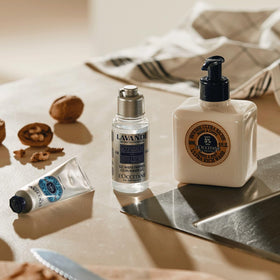 L'Occitane wash placed on bathroom shelf showing everyday use and calming benefit