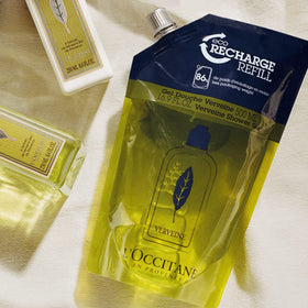 L'OCCITANE gel texture close-up showing clear lemony gel and foam benefit