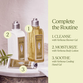L'OCCITANE bottle held in hand showing 8.4 fl. oz scale