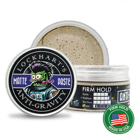 Lockhart's front jar of Anti-Gravity Matte Hair Paste showing label and Fortuna scent benefit