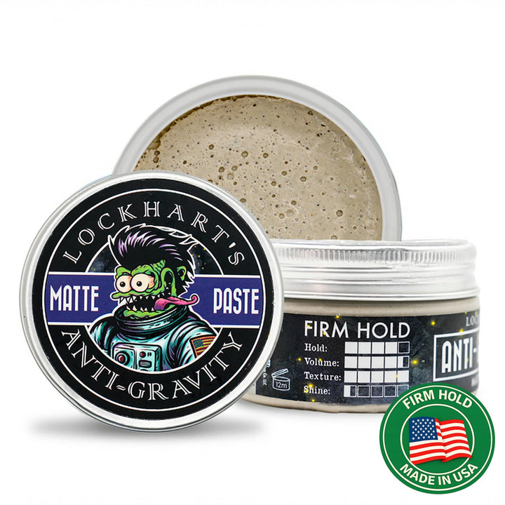 Lockhart's front jar of Anti-Gravity Matte Hair Paste showing label and Fortuna scent benefit