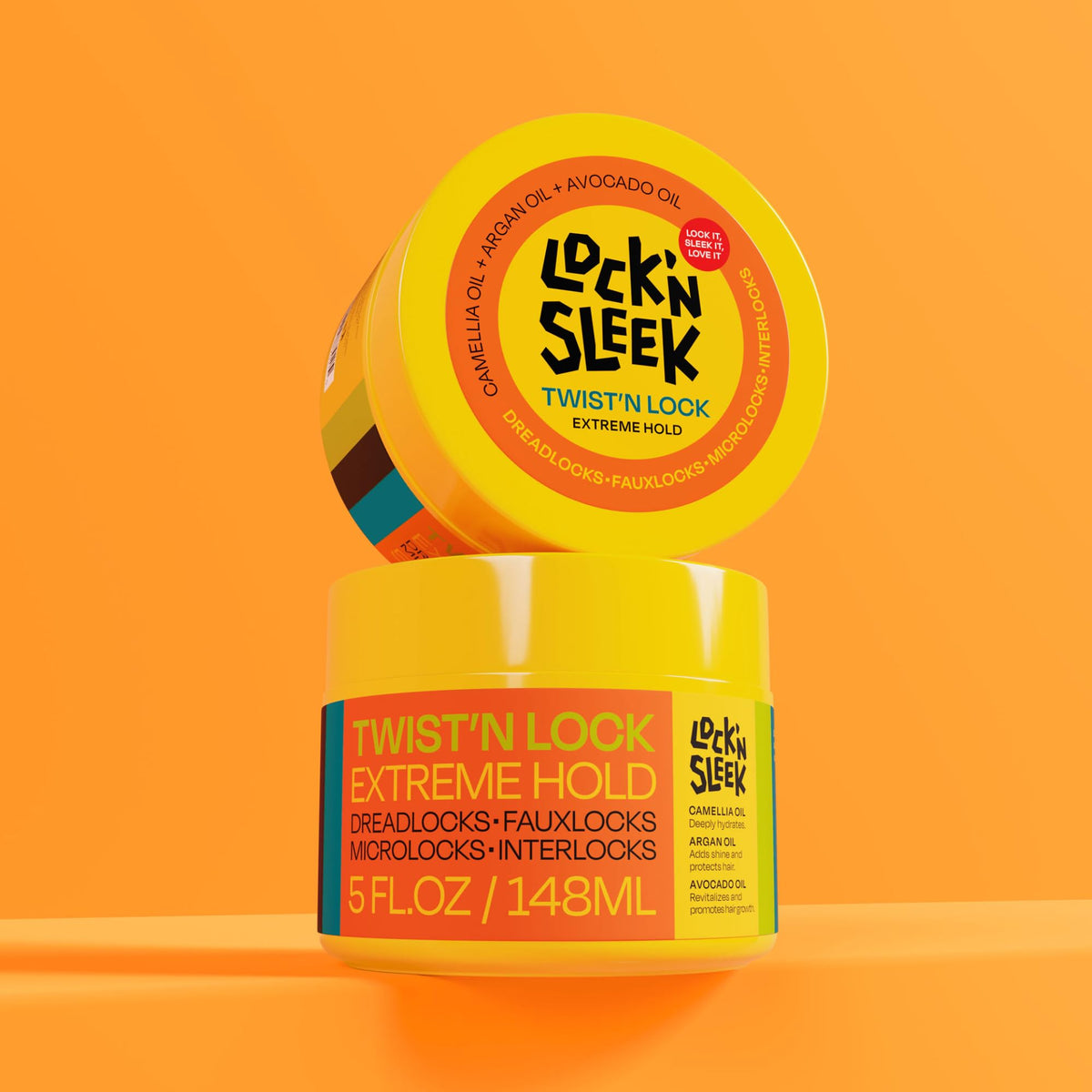 LOCK'N SLEEK ingredient oils display featuring argan, camellia, coconut benefits