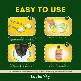 Inflatable basin with locs soaking using Locsanity powder for convenient at-home scalp detox