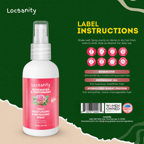 Locsanity bottle on bathroom shelf with other natural hair products for routine