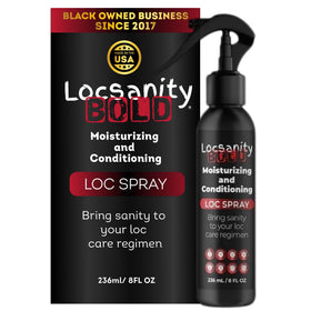 Locsanity bottle front packaging showing label and easy-spray nozzle benefit