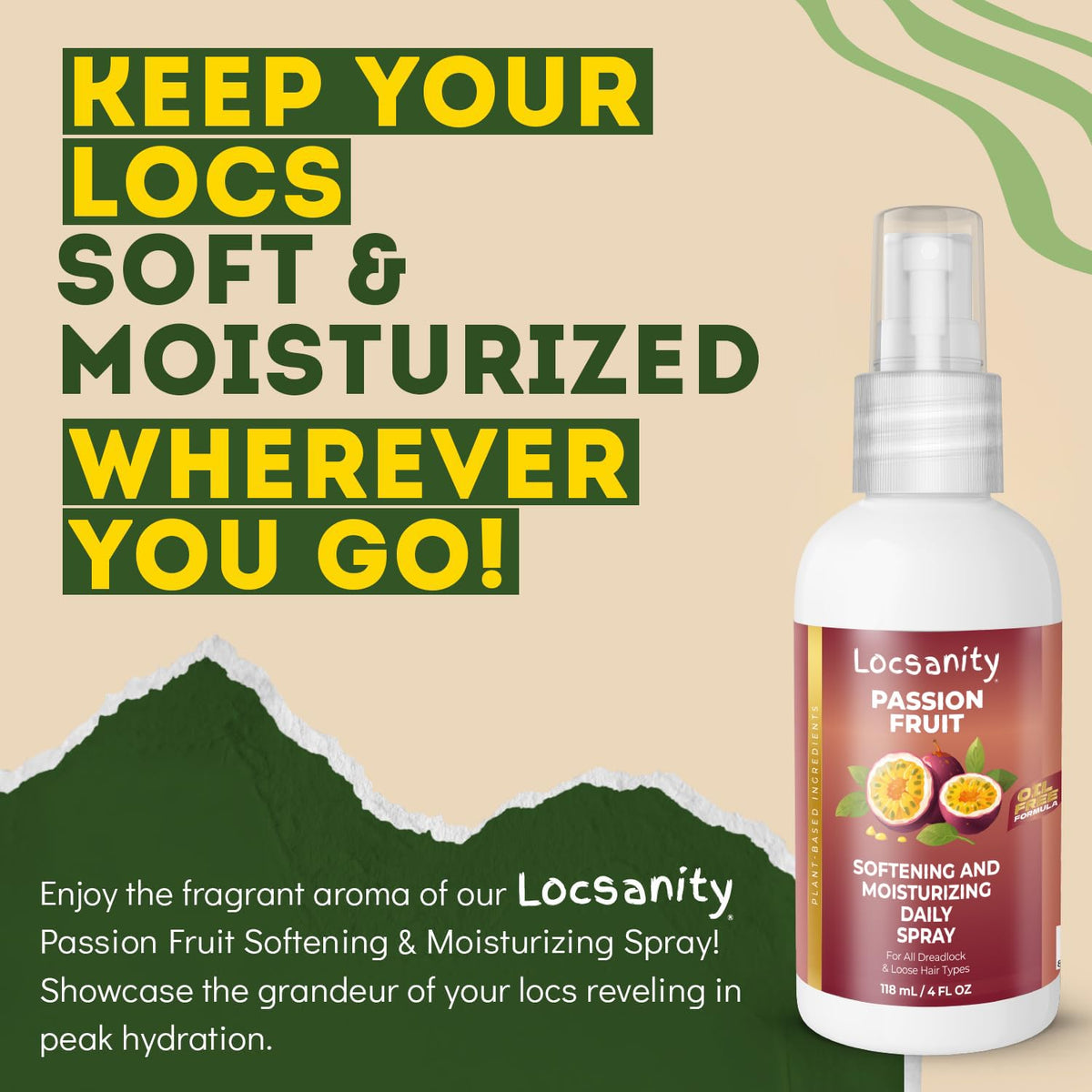 Bottle label close-up highlighting Locsanity ingredients and gentle formula benefit
