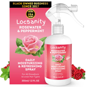 Locsanity front bottle view showing clear label and easy-spray nozzle benefit hydration