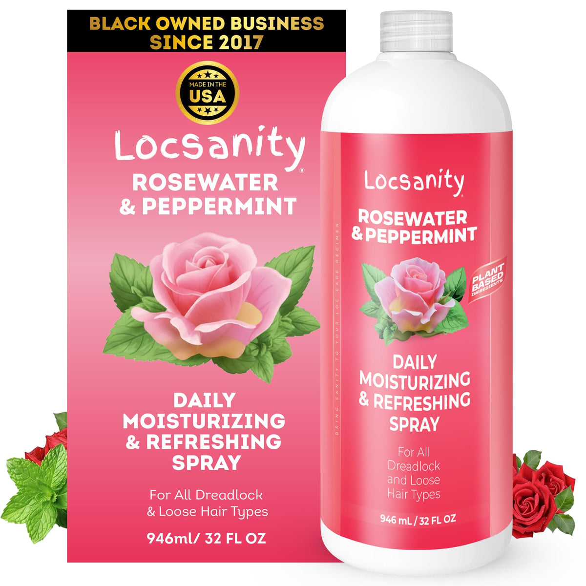 Locsanity front label on 32 oz bottle showing product identity and volume benefit