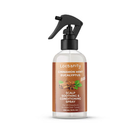 Locsanity front packaging showing calming cinnamon mint eucalyptus blend and convenient spray