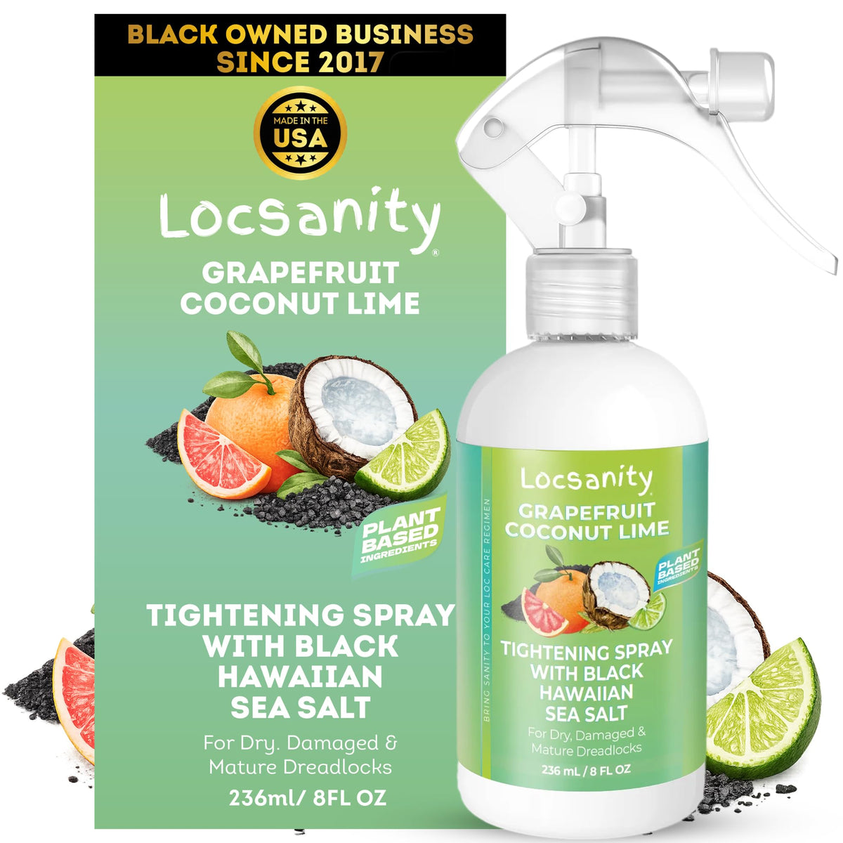 Locsanity front packaging showing label and citrus-coconut scent benefit