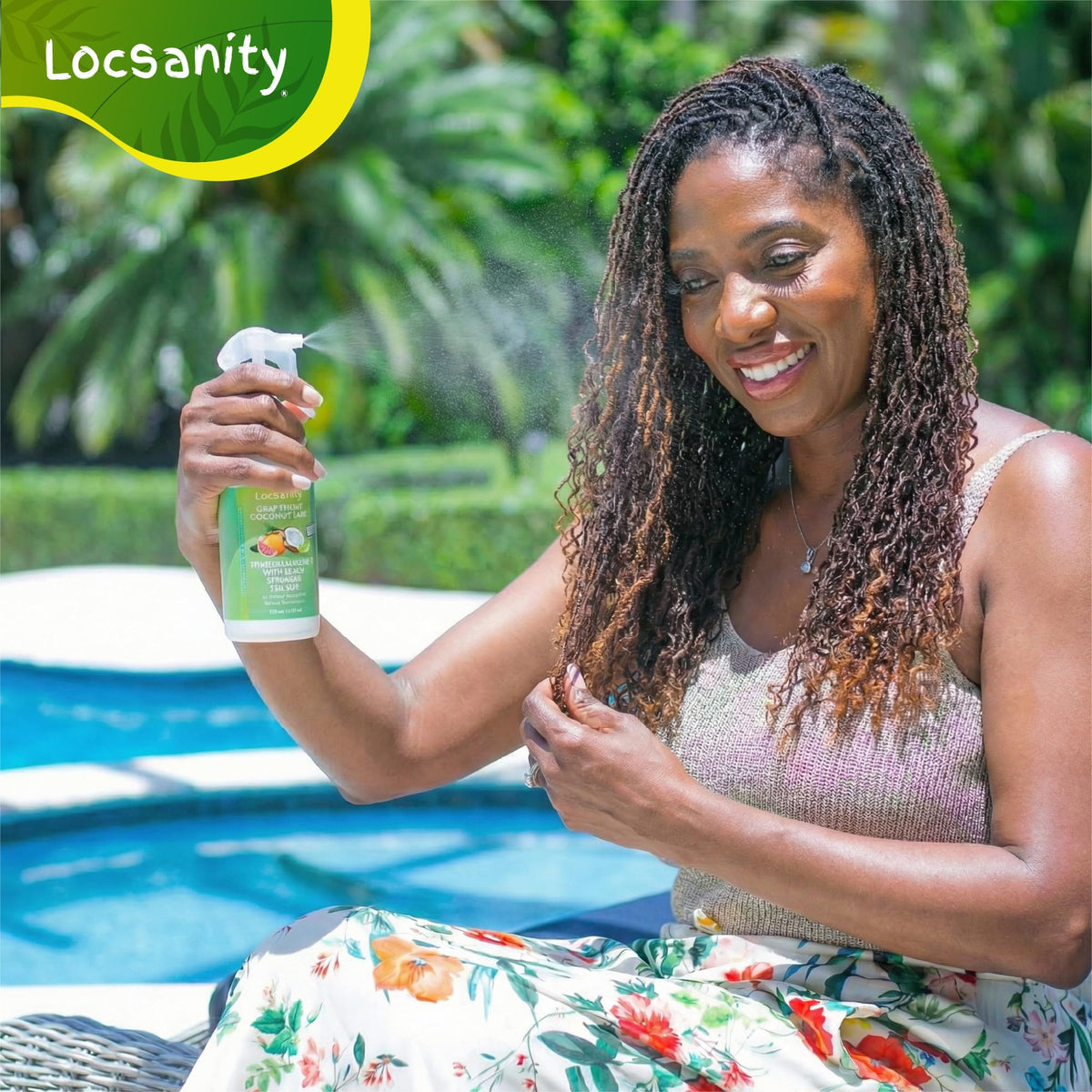 Locsanity spray used on locs outdoors showing quick refresh benefit