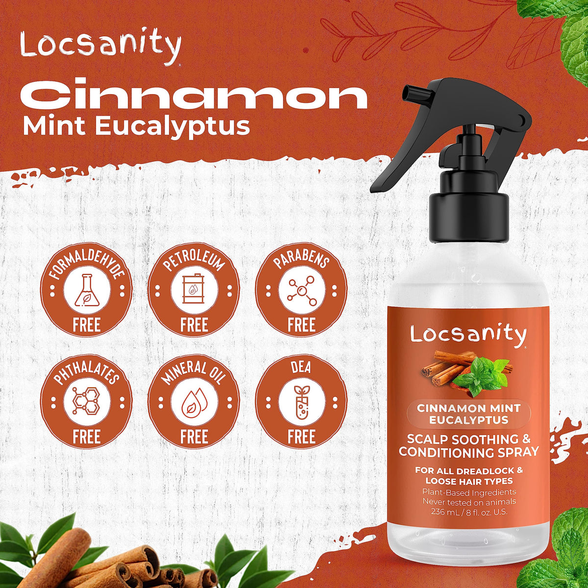 Locsanity ingredients label with cinnamon mint eucalyptus botanicals for soothing benefits