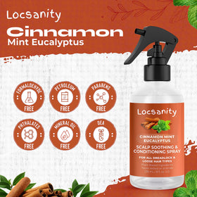 Locsanity ingredients label with cinnamon mint eucalyptus botanicals for soothing benefits