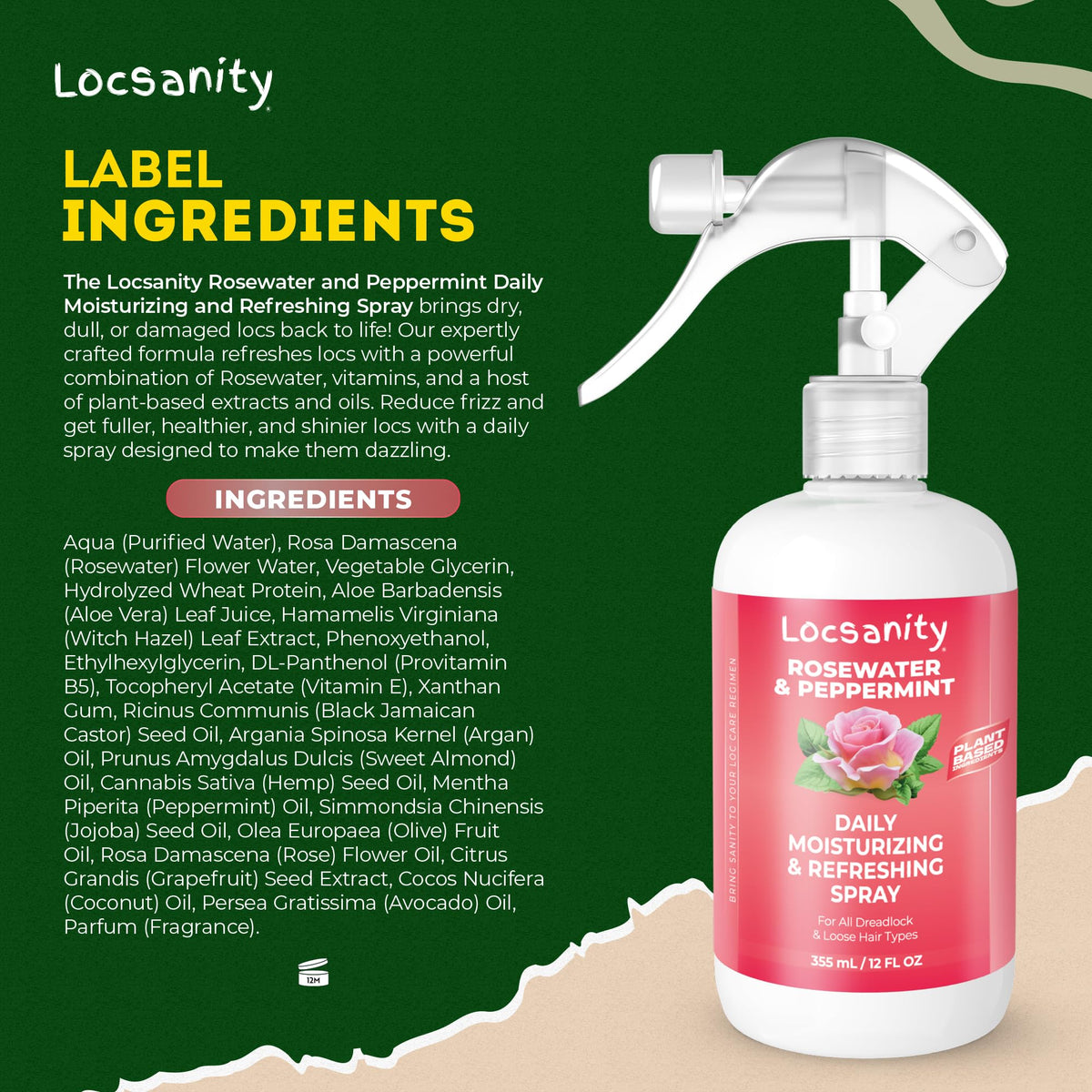 Rose petals and peppermint leaves beside Locsanity bottle highlighting natural botanicals
