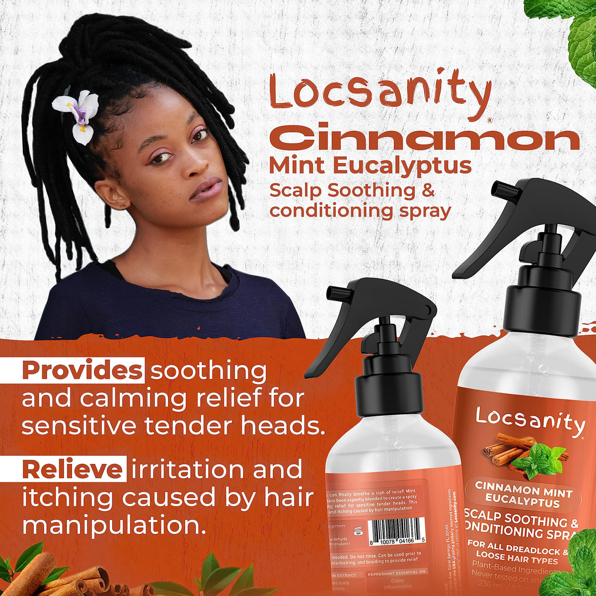 Locsanity scalp spray in use on a model providing quick relief and refreshed roots