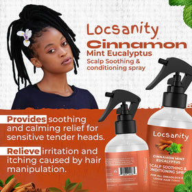 Locsanity scalp spray in use on a model providing quick relief and refreshed roots