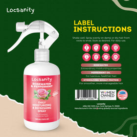 Locsanity 12 fl oz bottle next to hand for size comparison and portability
