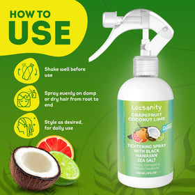 Locsanity 8 fl oz bottle in hand illustrating portable size benefit