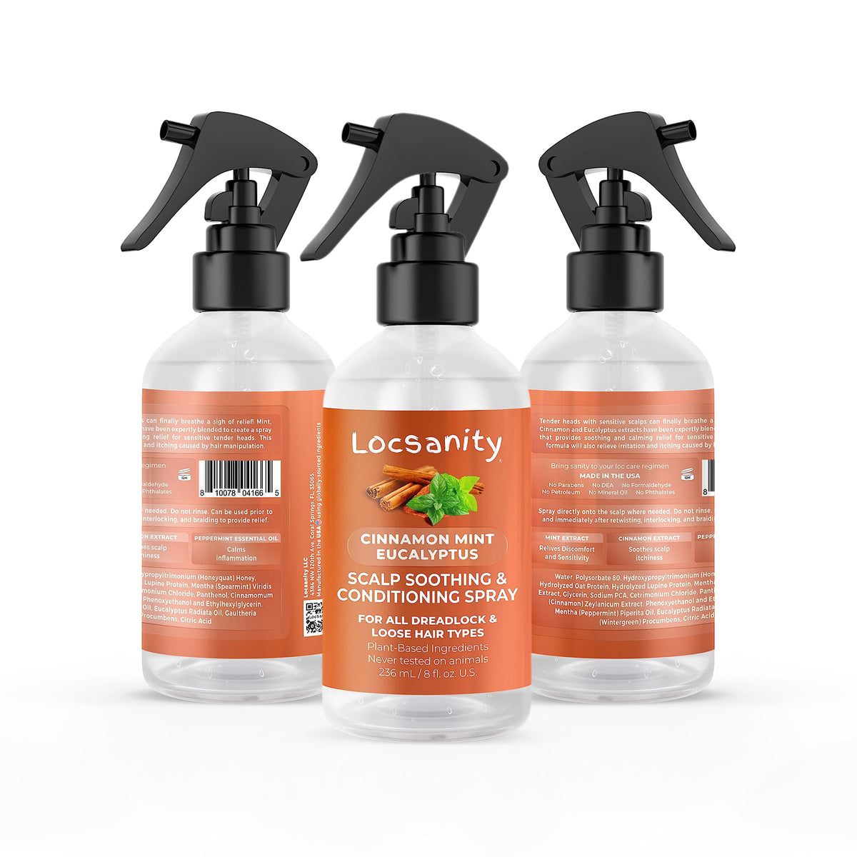 Locsanity spray nozzle close-up revealing fine mist for targeted, non-greasy application
