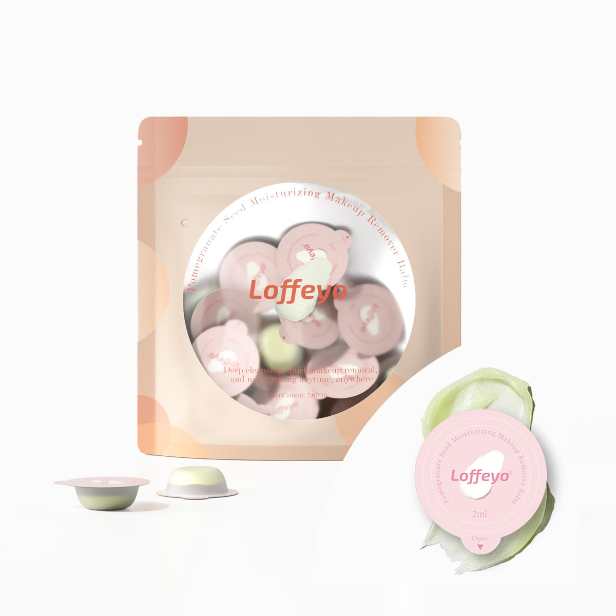 Loffeyo front packaging showing 30 individually wrapped travel balm pods for mess-free cleansing