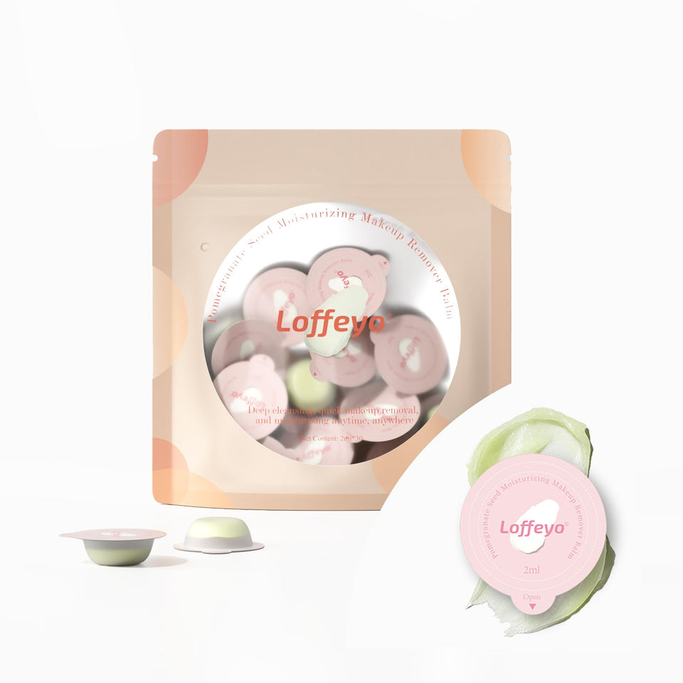 Loffeyo front packaging showing 30 individually wrapped travel balm pods for mess-free cleansing