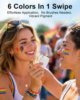 LOGNEW model applying rainbow stripe to cheek offering bold parade-ready face paint