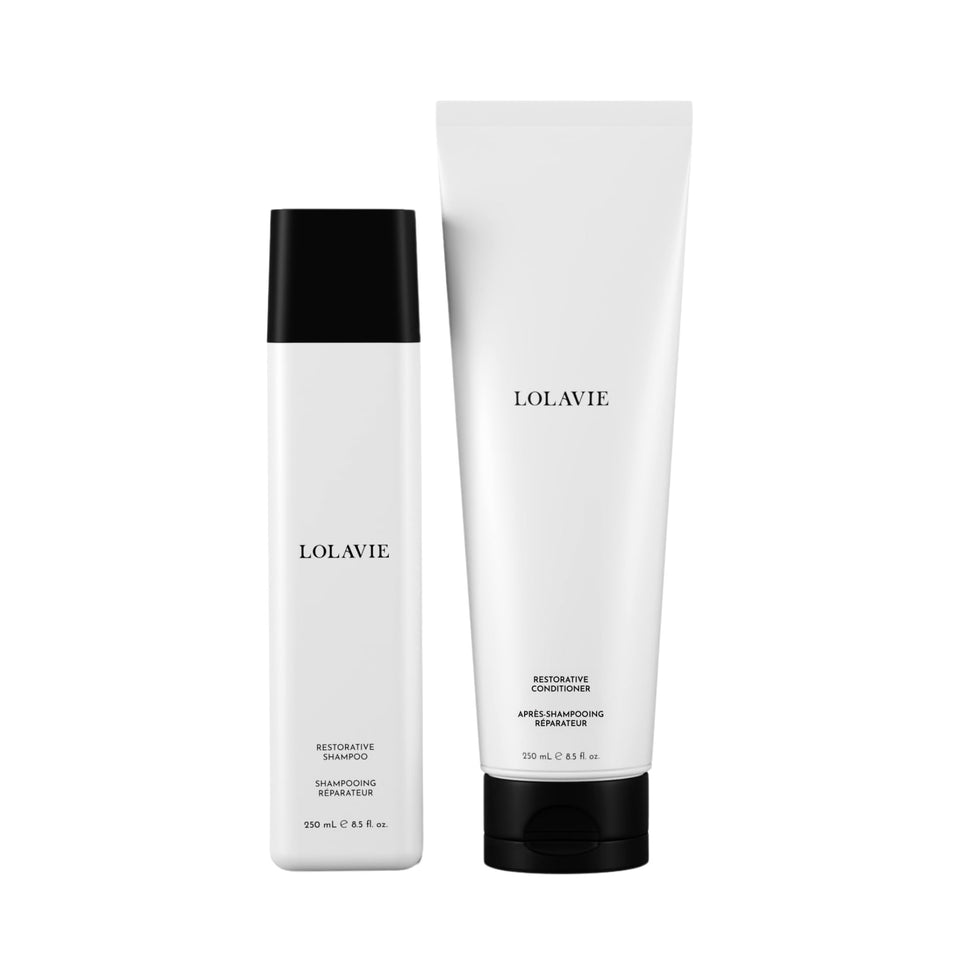 LolaVie front packaging of restorative shampoo and conditioner showing duo benefits