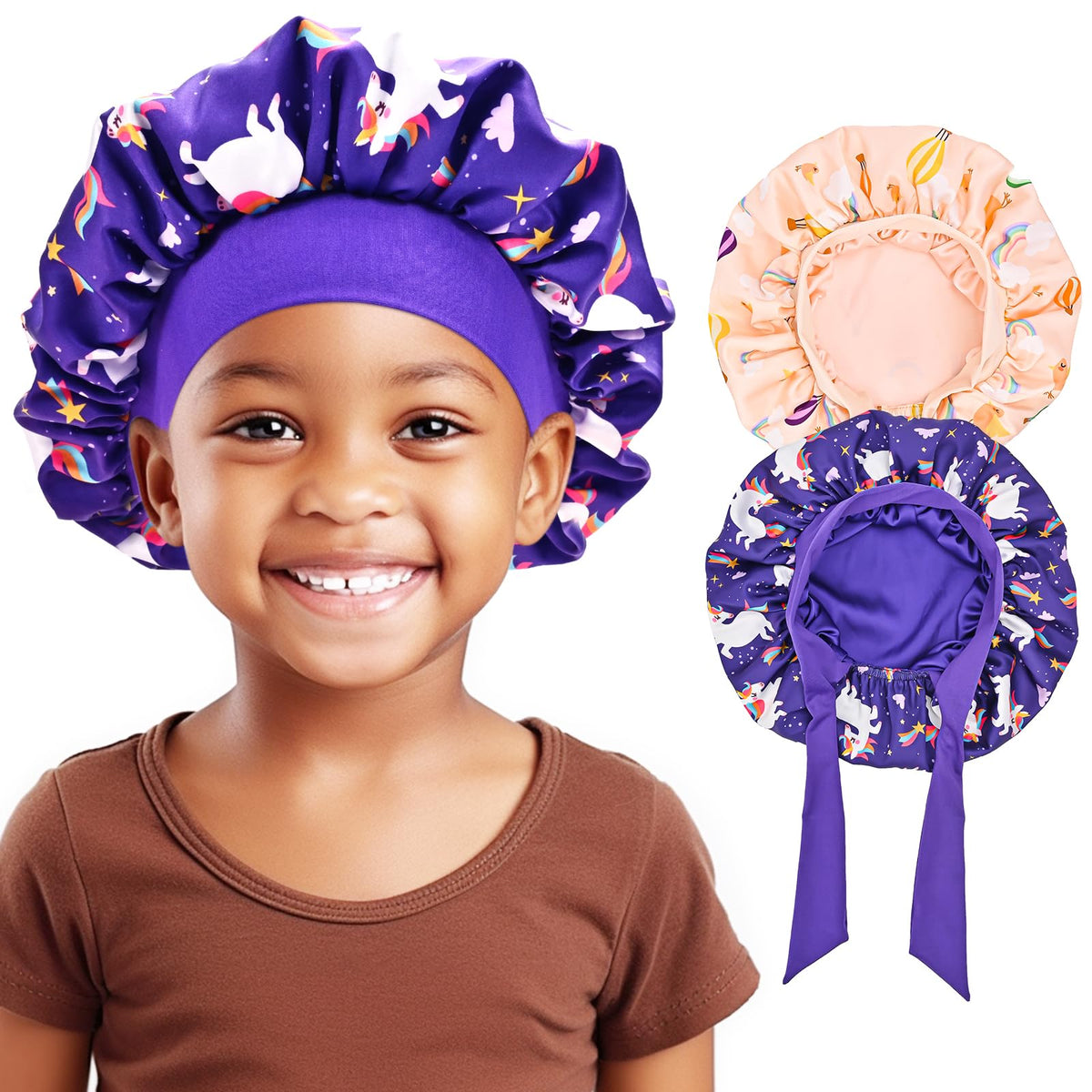 Lolalet front view of purple and pink reversible bonnets, protects hair overnight