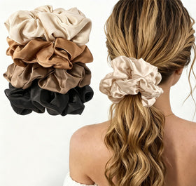 Lolalet front packaging showing four satin scrunchies and gift box benefits
