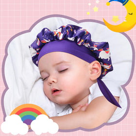 Lolalet bonnet in bathroom setting during bath time, shields hair from moisture