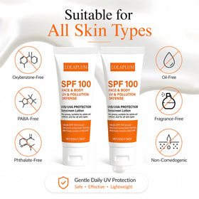 LOLAPLUM label close-up showing SPF100 and ingredient clarity benefit