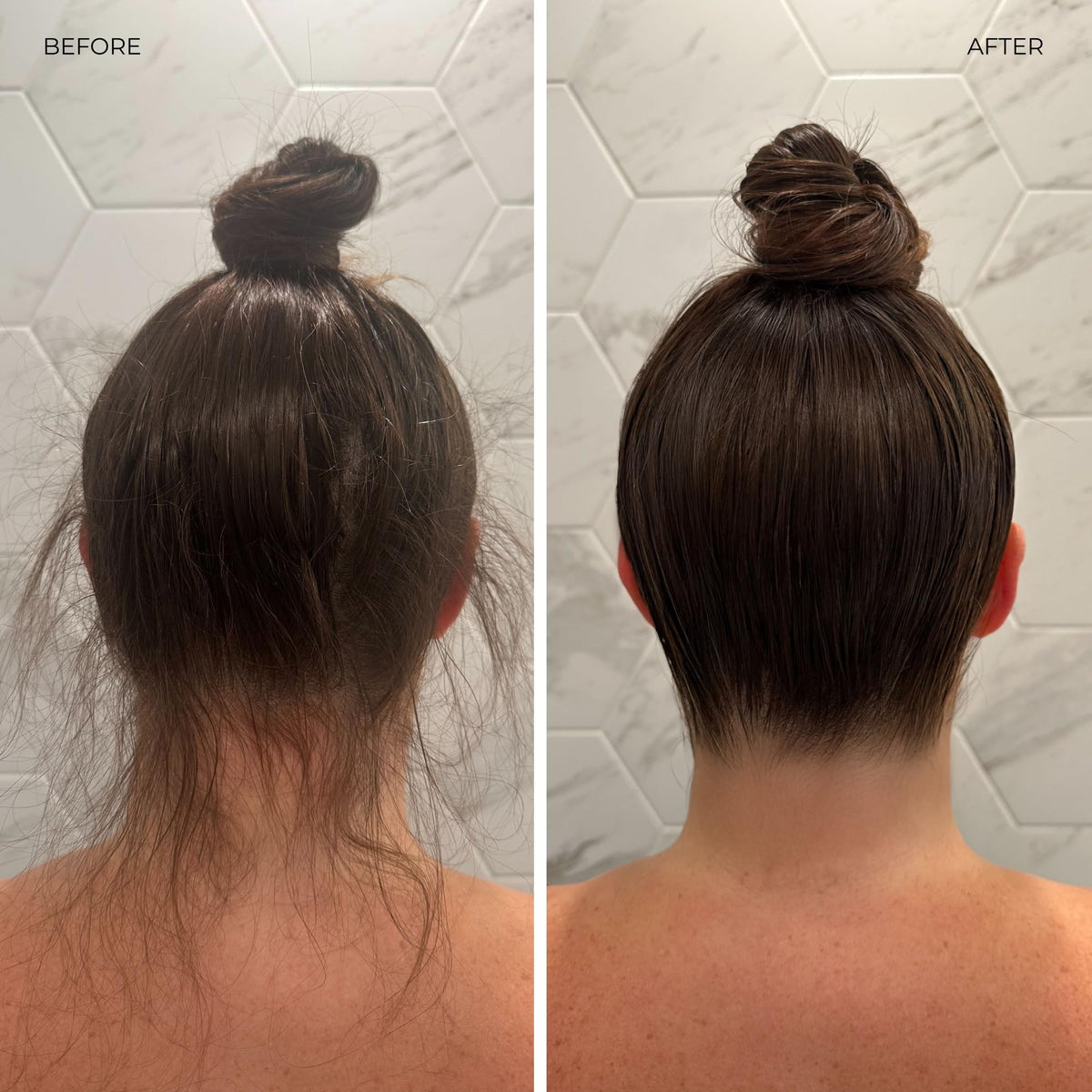 LolaVie before and after hair texture demonstrating frizz control benefit