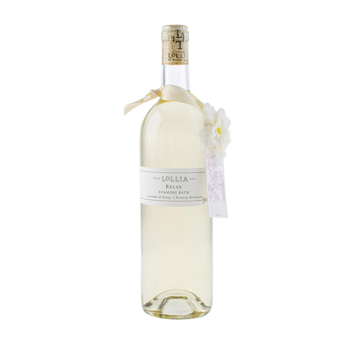 LOLLIA front bottle view showing elegant glass and lavender honey scent benefit