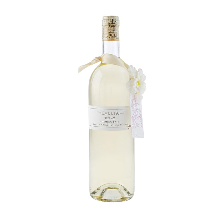LOLLIA front bottle view showing elegant glass and lavender honey scent benefit