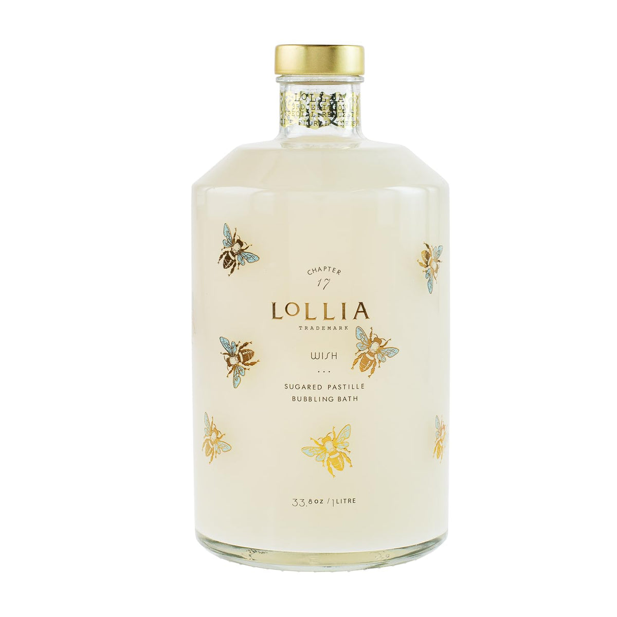 LOLLIA glass bottle front view showing elegant bees and upscale decor appeal