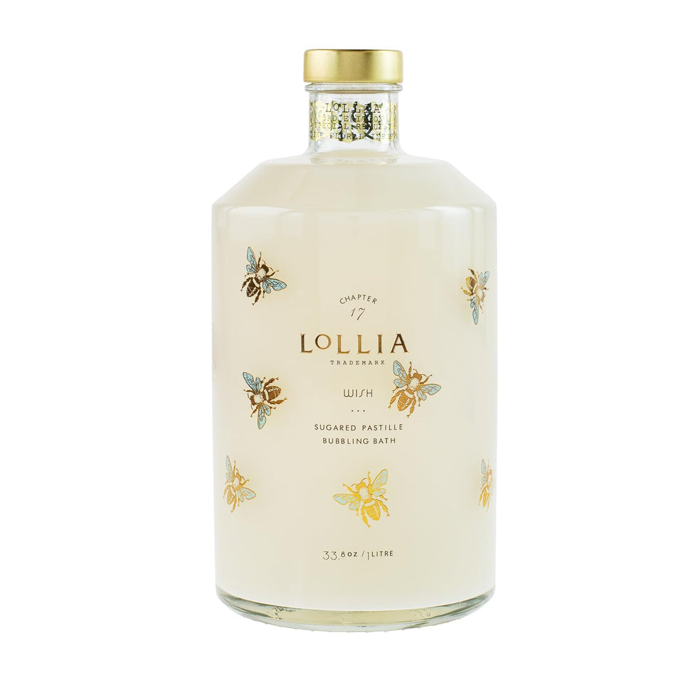 LOLLIA glass bottle front view showing elegant bees and upscale decor appeal