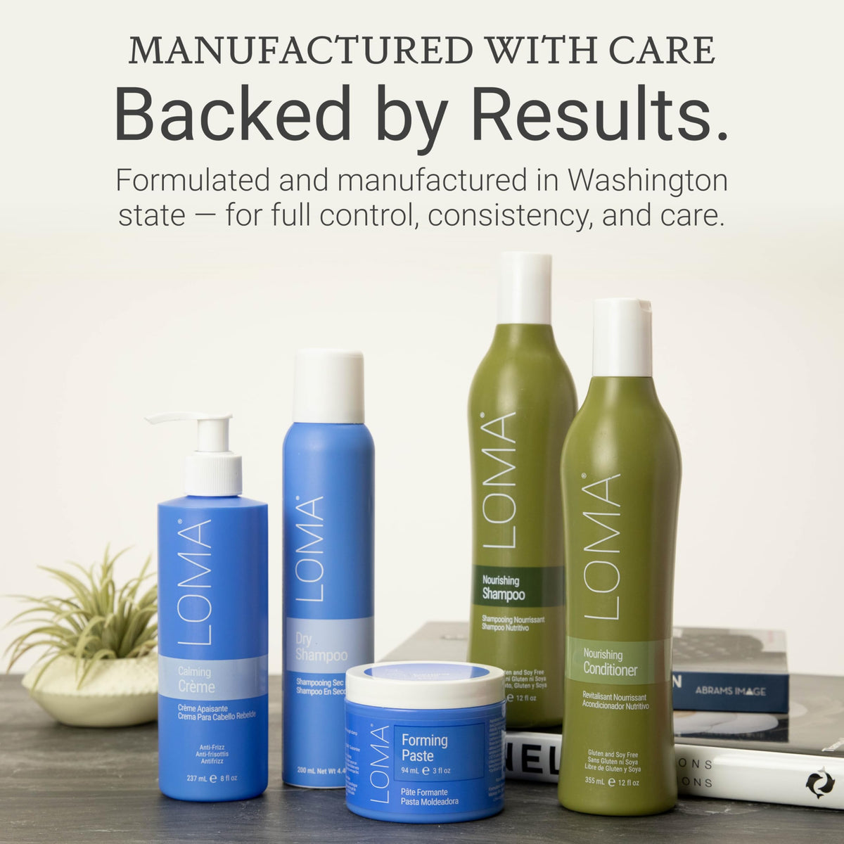 Loma Hair Care on bathroom shelf in lifestyle setting showing daily use convenience