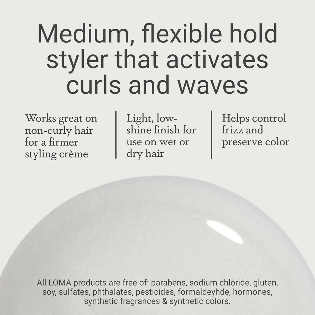 Loma Curvy Crème label detail showing ingredient claims and gentle formulation benefit
