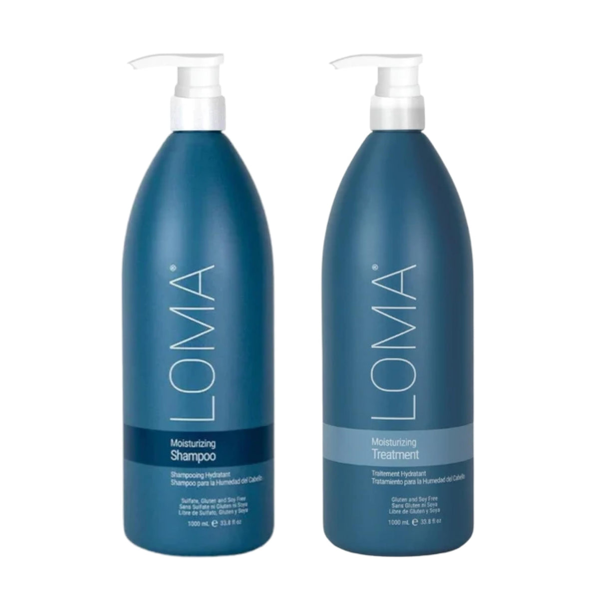 Loma duo front view showing shampoo and treatment bottles, highlights balanced hydration