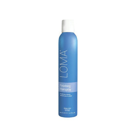 Loma finishing hairspray front packaging showing blue can and Exotic Melon scent benefit