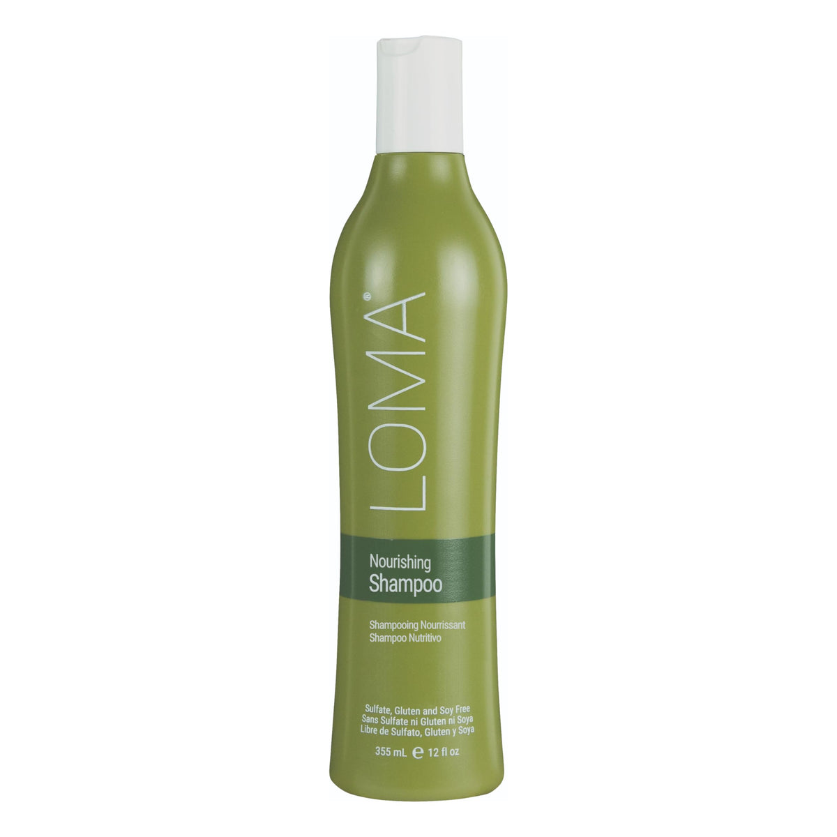 Loma front label of nourishing shampoo, clear benefits visible